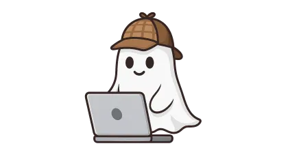 Cute ghost wearing a detective hat using a laptop, cartoon style on a white background