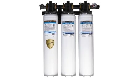 Three-stage water filtration system with Defender pre-filter and Silver Plus HC sediment and chlorine reduction filters.