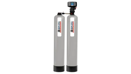 Dual tank water softener system with digital control panel and Badger Bob's Services branding