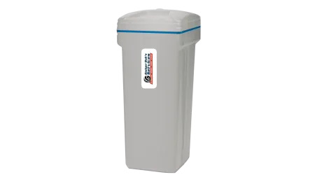 Tall gray plastic water softener unit with blue trim and Badger Bob's Services label on front.