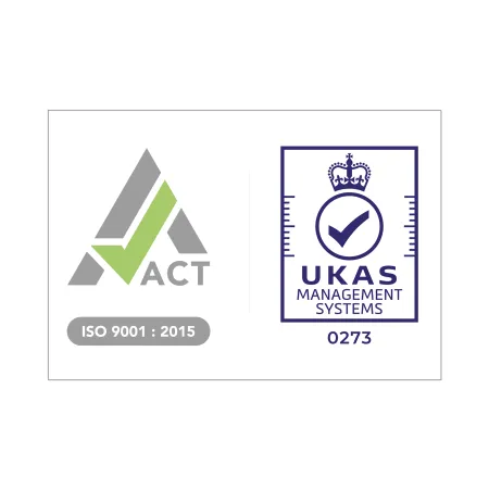 LOGO of ACT with a green checkmark and UKAS Management Systems certification mark with crown and check.