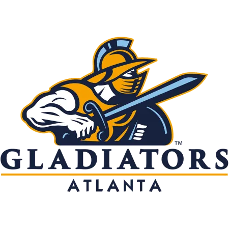 Atlanta Gladiators logo featuring a stylized gladiator with sword and shield over bold text on blue background.