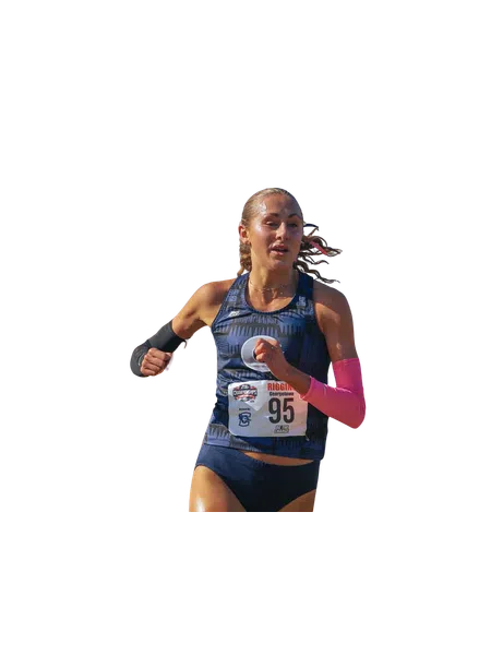 Female athlete running in a race wearing navy blue sportswear and race bib number 95 with arm sleeves.