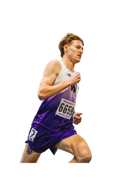 Male athlete in purple and white uniform running a race with bib number 6659 at a track event.