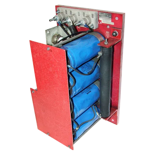 Red metal frame housing three large blue capacitors connected with wiring and terminals for electrical circuits.