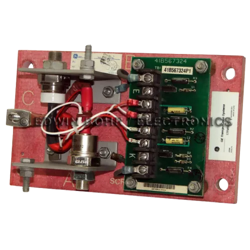 Electronic circuit board with resistors, wires, and connectors mounted on a red base plate with labeled points.