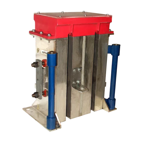 Industrial electrical transformer with red top, blue supports, and metallic core components isolated on white background.