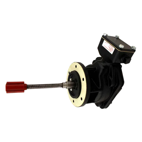 Industrial black mechanical actuator with a red handle and flange mounting base isolated on white background