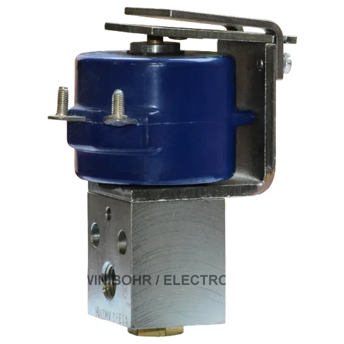 Industrial solenoid valve with blue coil and metallic block base with mounting bracket and screws