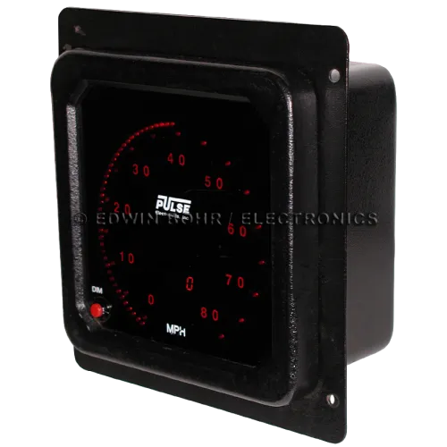 Black Pulse Electronics speedometer gauge with red LED numeric markings and dim button, measuring speed in MPH.