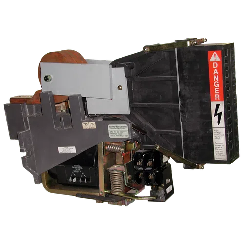 Industrial electrical switchgear component with high voltage danger warning label and metal springs.
