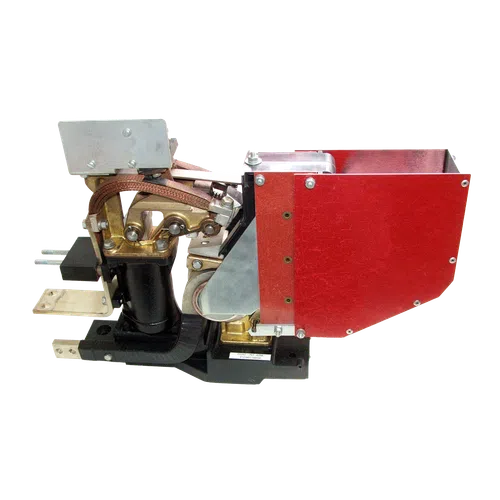 Industrial electrical contactor with copper terminals and a red protective cover on a white background