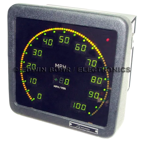 Square digital speedometer gauge with illuminated numbers and colored indicator lights from 0 to 100 mph.