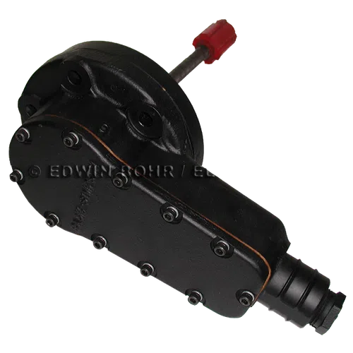 Black mechanical component with multiple bolts and a red capped rod extending from it, isolated on white.