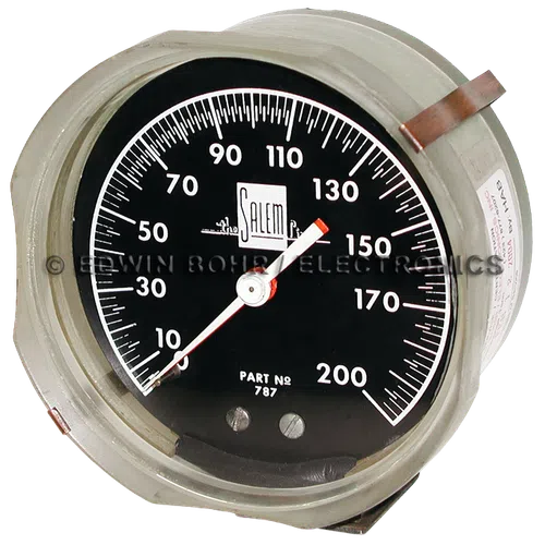 Analog pressure gauge with black face, white markings, and needle pointing near 150 marked Salem and Part No 787.