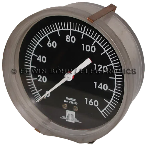 Analog round pressure gauge with black face, white markings, measuring up to 160 PSI, needle at 100 PSI.