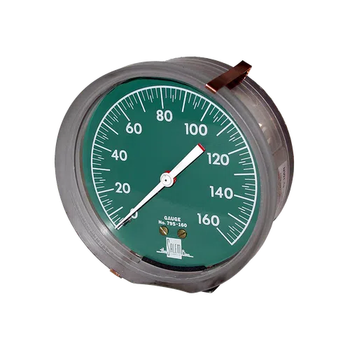 Round analog pressure gauge with green face showing readings from 0 to 160 psi and needle pointing at 115.