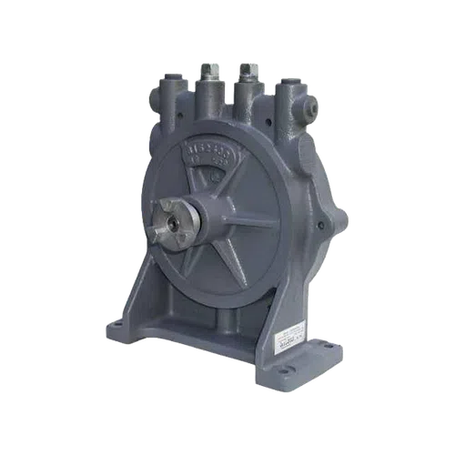 Industrial gray metal rotary pump with mounting base and multiple inlet ports isolated on white background