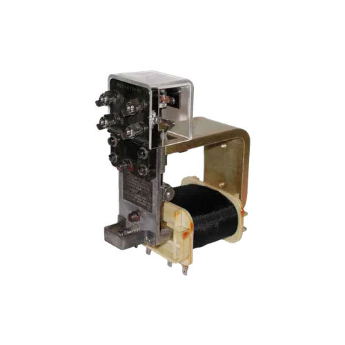 Industrial electrical relay with metal bracket and multiple screw terminals isolated on white background