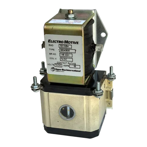Electro-Motive electrical component with metal casing, coil labeled 74 DC volts and contact rating of 35 amps.