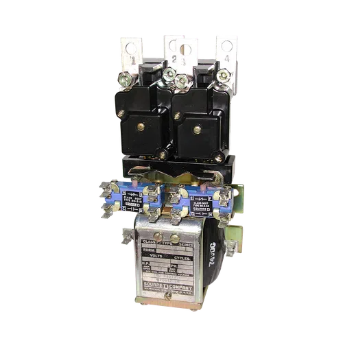 Square D Company electrical relay with black and silver components and multiple terminals for connections.