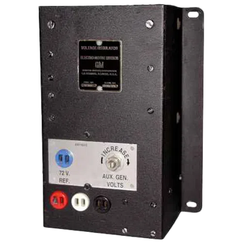Black voltage regulator box with labeled switches and multicolored electrical connectors for voltage control.