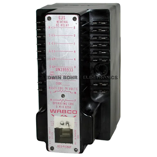 Black WABCO neutral DC relay with labeled metal plate and multiple electrical connectors on the sides.