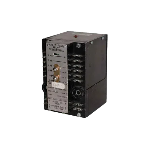 Black industrial electrical relay with multiple metal terminals and labeled front panel showing specifications.