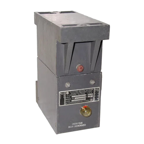 Industrial electrical relay component with metal casing and identification label from General Motors.