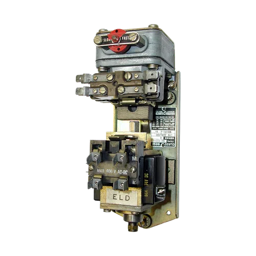 Industrial electrical relay component with labeled connections and slow-fast adjustment dial isolated on white.