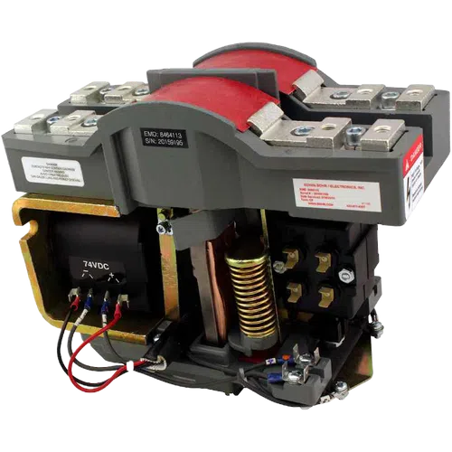 Close-up of an industrial electrical relay with visible wiring, coils, and metal contacts on a gray base.