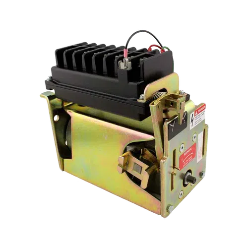 Industrial electric relay with metal housing, black heat sink, and warning labels isolated on white background