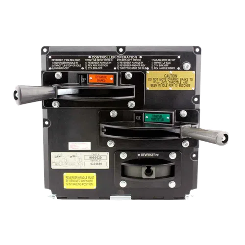 Black industrial controller panel with dynamic brake and power throttle levers and operational instructions.