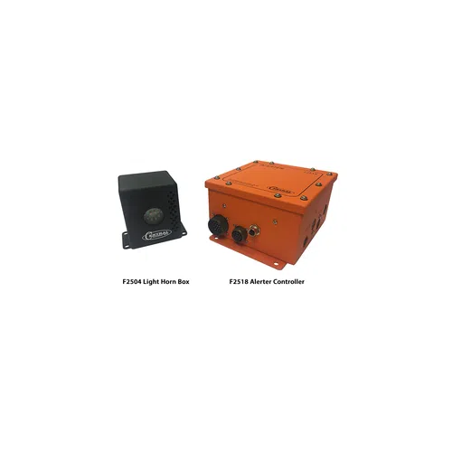 Black F2504 light horn box and orange F2518 alerter controller with connectors, both for alert systems.