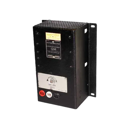 Black vintage voltage regulator box with dial, indicator lights, and metal vented top panel.