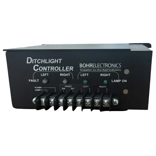 Bohrelectronics Ditchlight Controller with LED indicators and terminal connectors for rail industry applications.