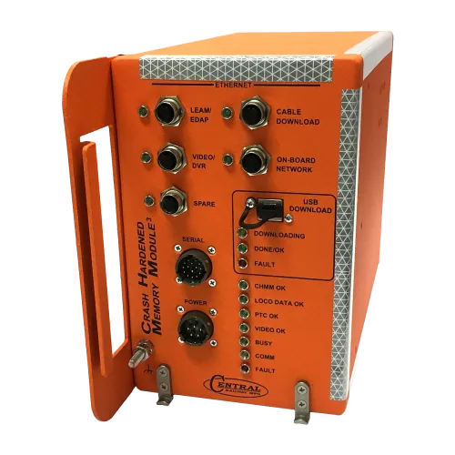 Orange crash hardened memory module with multiple Ethernet ports and LED indicators for status and data.