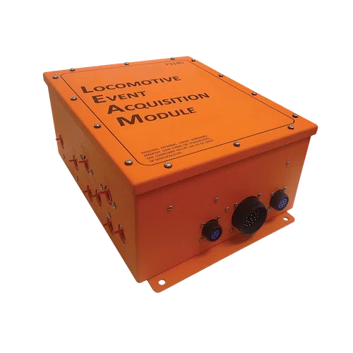 Orange Locomotive Event Acquisition Module device with connectors and bolts on its metal casing.
