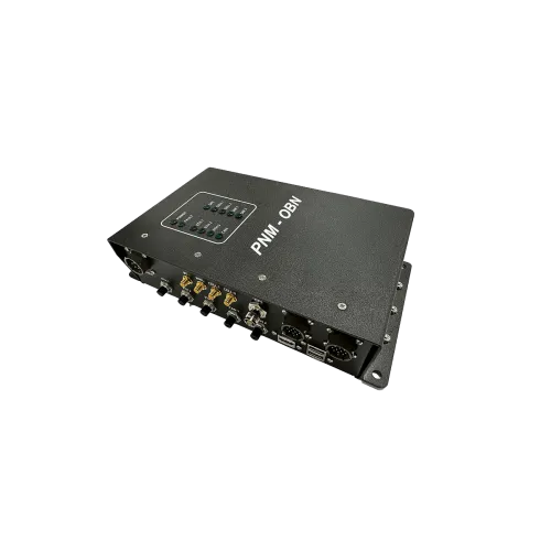 Black PNM-OBN electronic device with multiple ports and indicator lights on top and sides isolated on black background