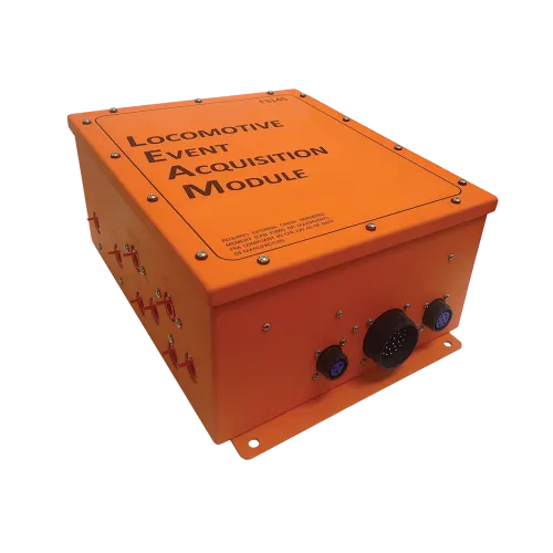 Orange Locomotive Event Acquisition Module with multiple connectors and metal screws on a rectangular box.