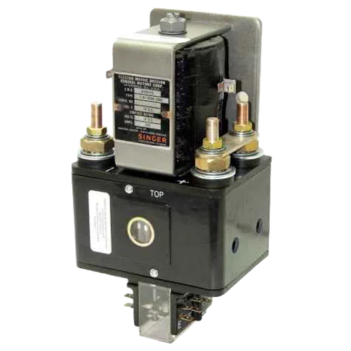 Industrial electrical relay switch with metal terminals and a black plastic housing isolated on white background