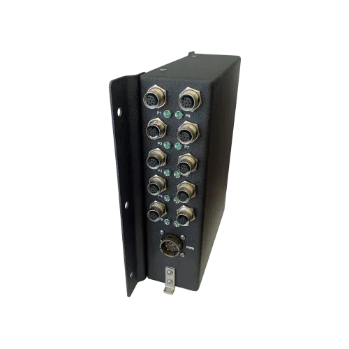 Black industrial electronic device with multiple circular connectors and indicator lights on front panel