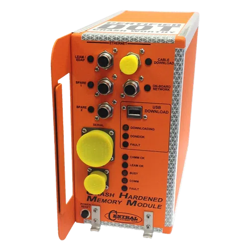 Orange crash hardened memory module with Ethernet, serial, and USB ports and multiple indicator lights