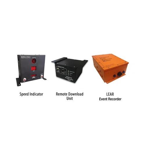 Three industrial electronic devices labeled Speed Indicator, Remote Download Unit, and LEAR Event Recorder with overlaid text.