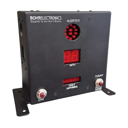 Black Bohrelectronics alerter device with red LED displays showing speed and distance, buttons for dim and count.