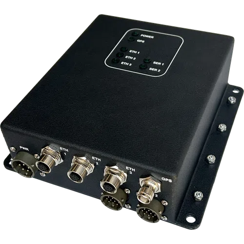Black industrial network device with multiple Ethernet and GPS connectors and indicator lights on top panel