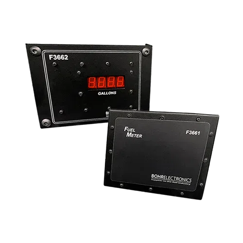 Two black electronic fuel meter devices with digital display showing gallons and model numbers F3661 and F3662.