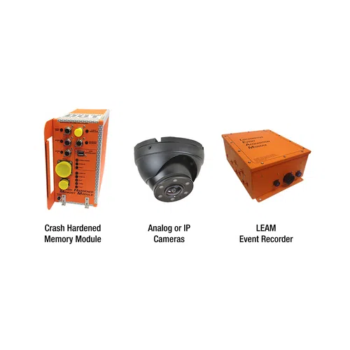 Crash hardened memory module, black dome security camera, and orange LEAM event recorder shown on white background.
