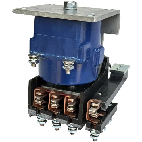 Industrial blue electrical contactor with copper connectors and metal mounting plate isolated on white background