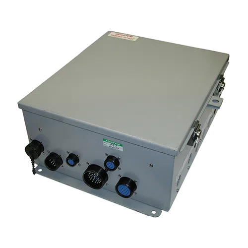 Gray metal industrial control box with multiple blue and black circular connectors on one side.